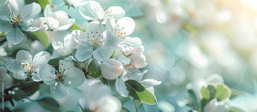 Aufkleber Close up macro shot of white apple trees in blossom under the sunny light creating a beautiful summer spring background Appreciating nature with copy space image