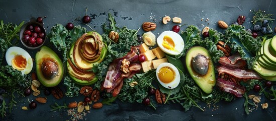 An appetizing assortment of ingredients like kale Bibb lettuce nuts fruits vegetables bacon cheese avocado and eggs tossed in olive oil is beautifully presented in a copy space image