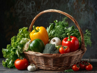 Fresh organic fruits and vegetables in wicker basket. Assorted fresh vegetables.