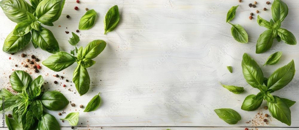 Poster Top down view of fragrant basil and spices on a white wooden backdrop with ample room for additional text or images