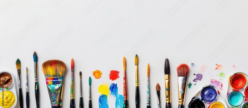 Poster colorful paint brushes along with various painting accessories displayed on a white background with 