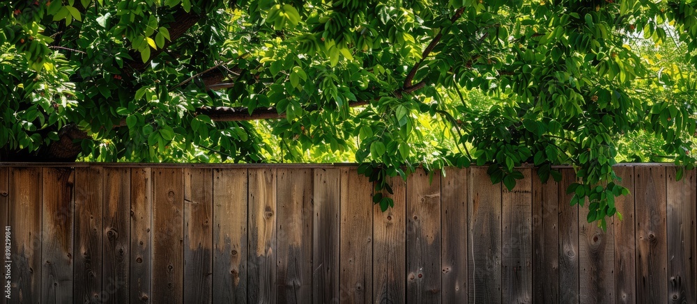 Poster during the day a weathered brown fence beneath the leafy branches of a tree provides shade with a na