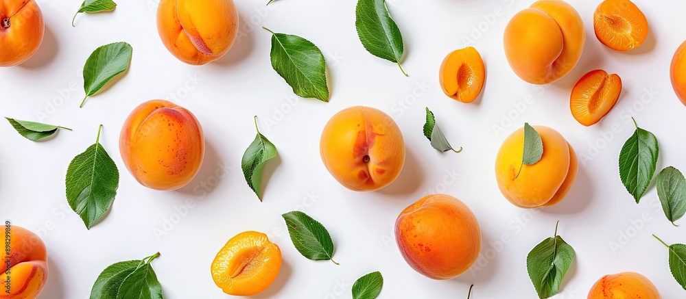Poster Apricot fruits with leaves isolated on a white background providing ample copy space in a top down flat lay pattern
