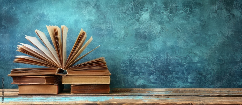 Poster Arrangement of books with an open book and hardback books on a wooden table against a blue background creating a back to school theme with room for text in the image. Creative banner. Copyspace image