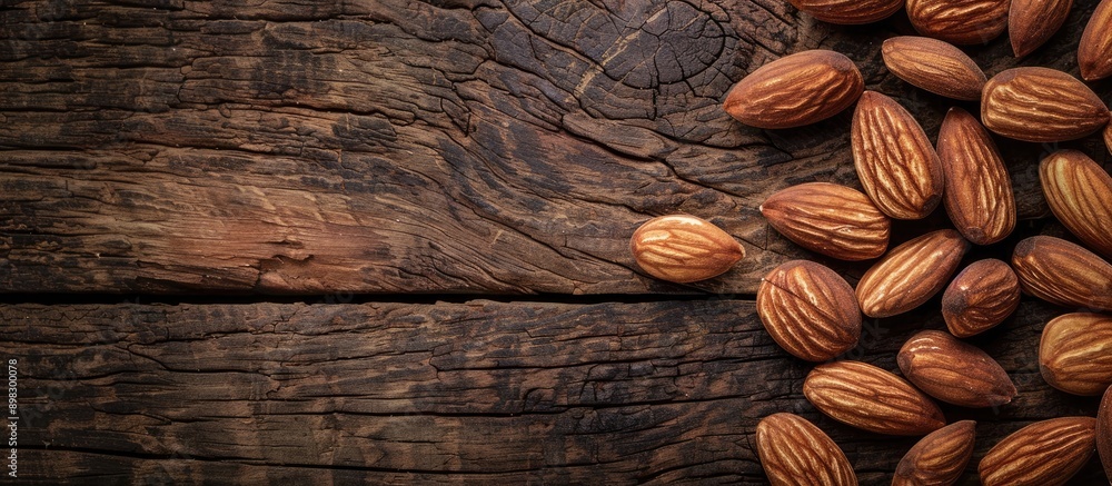 Poster almonds beautifully arranged on a rustic wooden background with ample copy space image