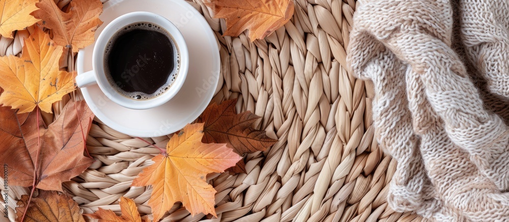 Poster top view of a cozy home setting for fall with a coffee cup maple leaves and a wicker table creating 