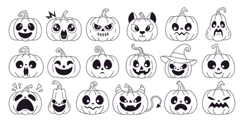 Set of pumpkins with different expressions of emotions, vector illustration