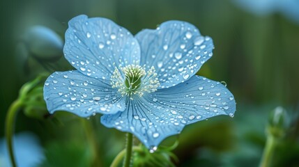  A blue flower, its petals dotted with water droplets, against a lush green background of leaves