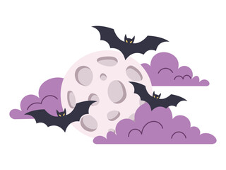 Moon peeking out from behind clouds, bats. Halloween vector illustration.