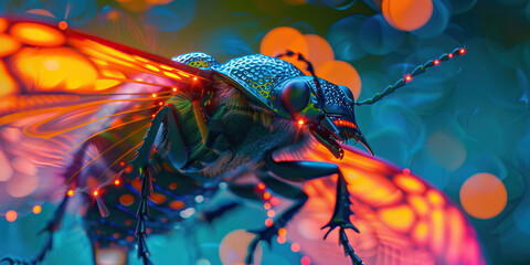 Gene Drive: A close-up of a beetle with glowing wings, symbolizing the potential for modified genes to spread through populations.