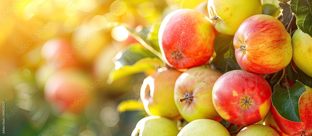 Poster contemporary arrangement of apples and pears illuminated by sunlight ideal for a copy space image