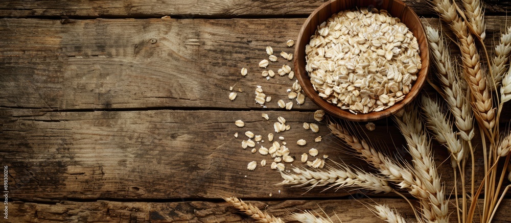 Poster a bountiful harvest of oat ears displayed on a wooden table with a bowl of healthy and fresh dry oat