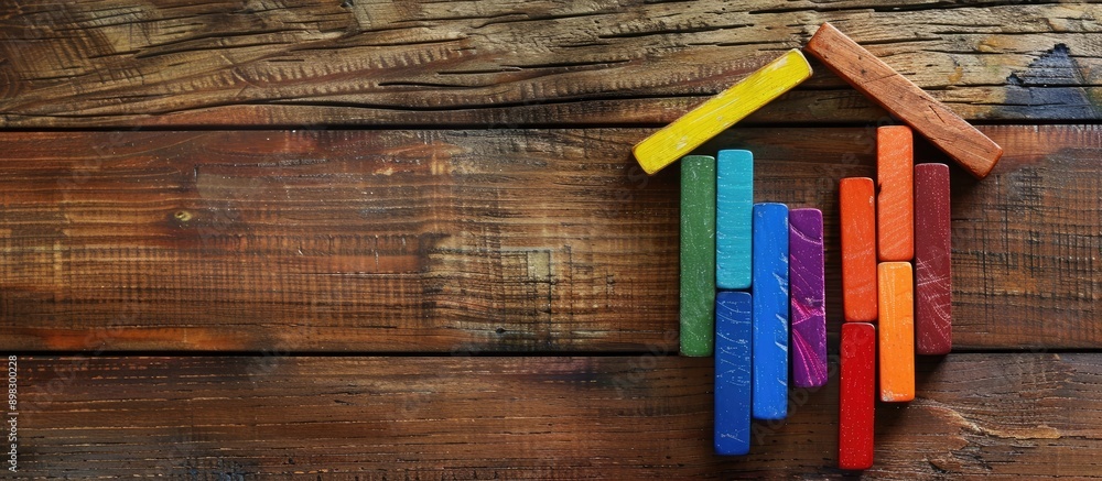 Leinwandbilder image of a colorful domino set arranged to resemble a house on a wooden table with plenty of copy sp