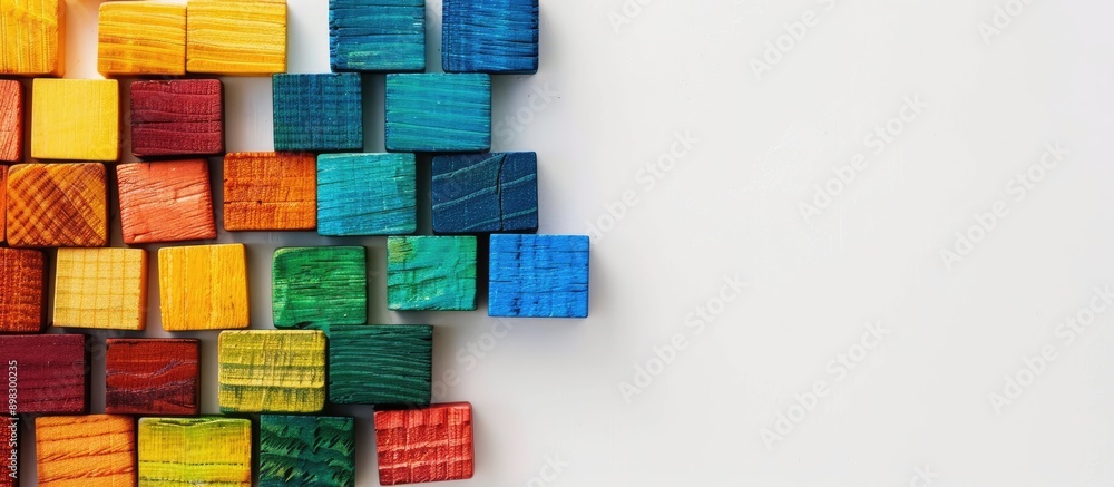 Poster Colorful wooden building blocks arranged neatly on a white backdrop with ample copy space image