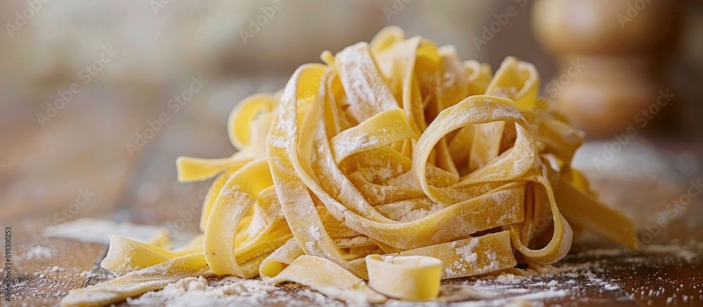 Poster A close up image of homemade tagliatelle pasta displayed on a wooden surface with copy space image available