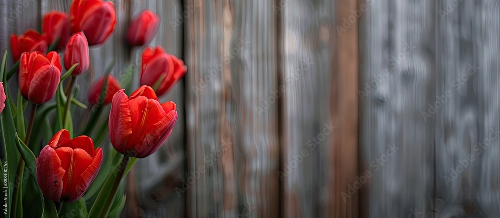 Aufkleber Close up image of red tulip flowers in a garden setting against a wooden backdrop with copy space image