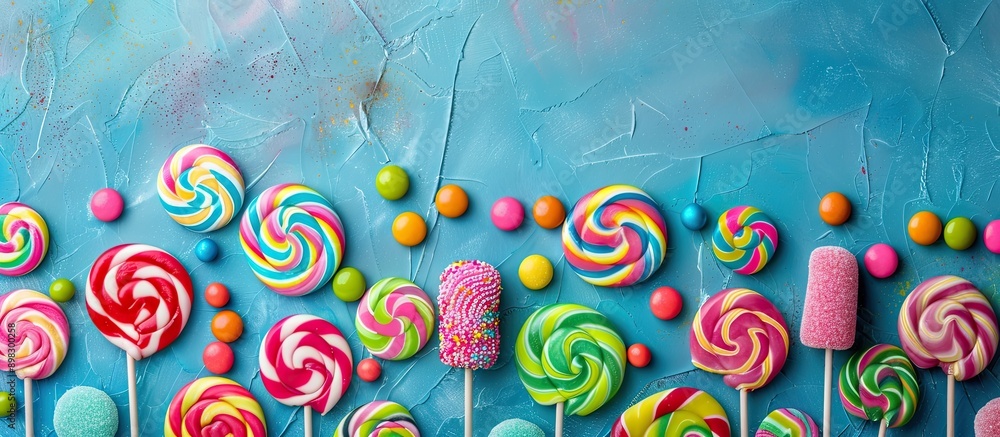 Aufkleber Colorful lollipops and candies arranged in a top view composition perfect for adding your message in the copy space image