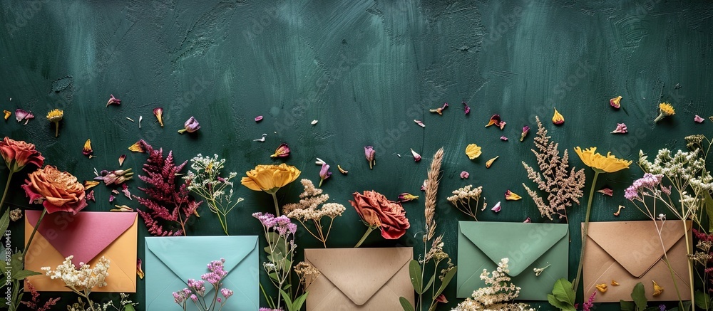 Poster Top down flat lay composition featuring artisanal envelopes and dried flowers arranged neatly on a lush green backdrop in a photograph with copy space image