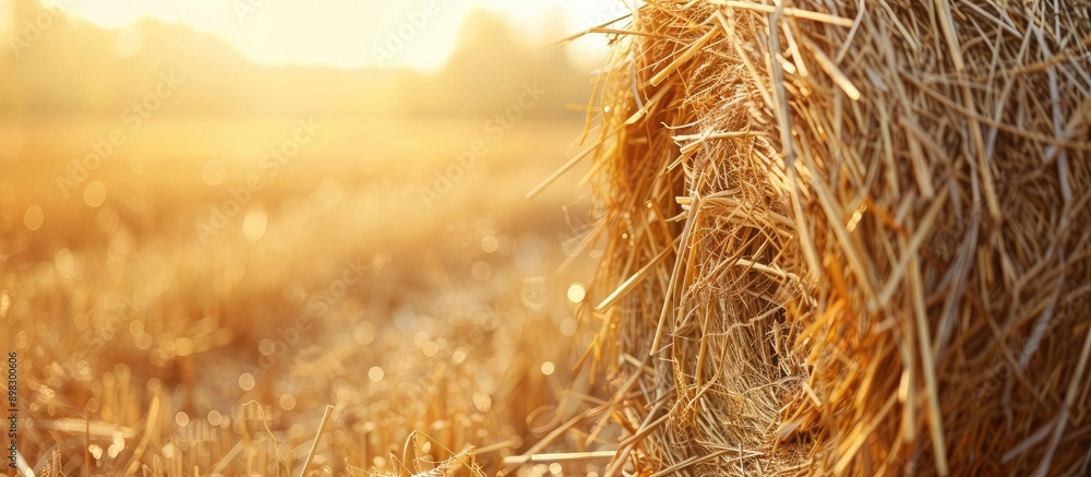 Aufkleber Cylindrical shaped haystack in focus against a background with copy space image for text or lettering