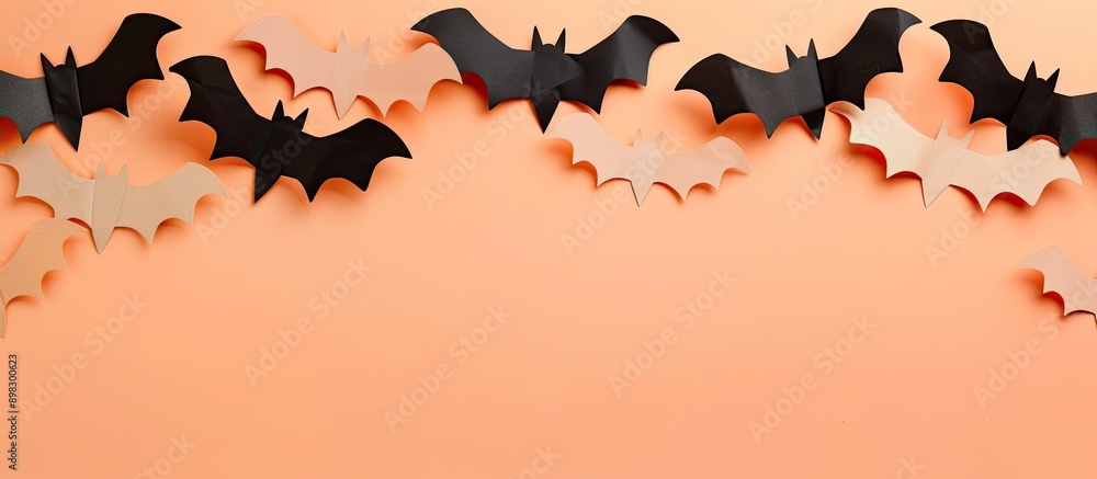 Poster colorful halloween bat ornaments arranged on an orange light pink and beige background with empty sp