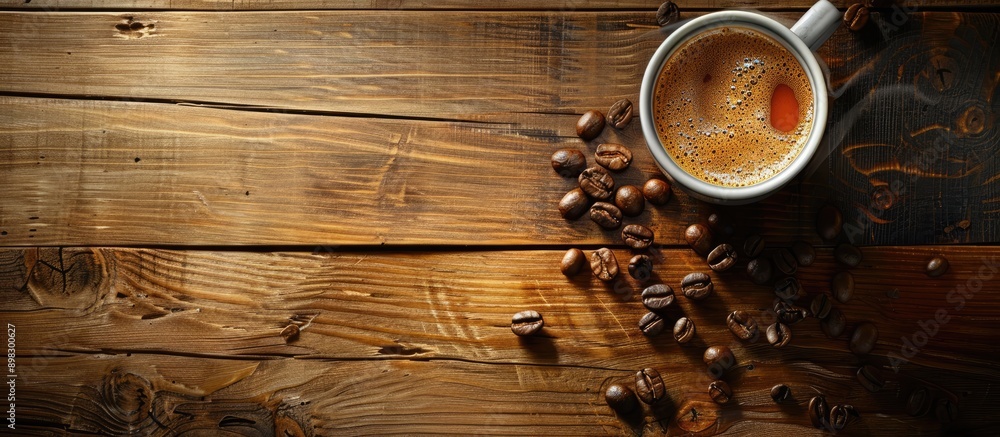 Poster A cup of coffee with beans on a wooden background is shown in this copy space image which does not include any smoke