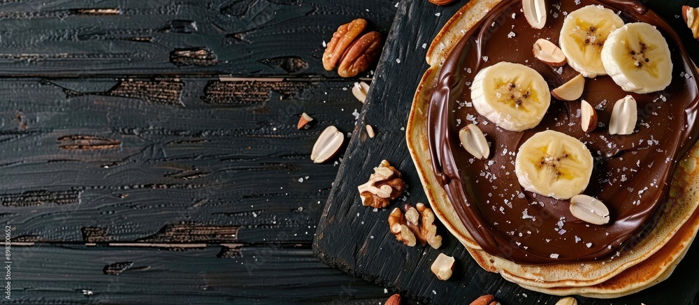 Poster Delicious thin pancakes with chocolate paste sliced banana and nuts on a black wooden background set against a blank space for text or images. Creative banner. Copyspace image