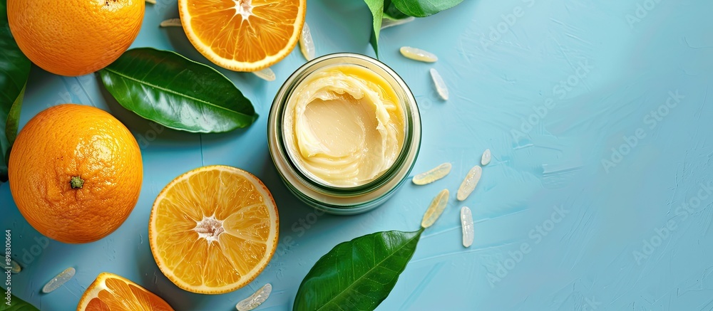 Poster cream jar with sliced orange and green leaves on blue backdrop with copy space image