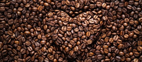 Fototapeta premium Close up of a heart shaped formation created with coffee beans on a background of roasted coffee beans emphasizing the concept of International Coffee Day with copy space image
