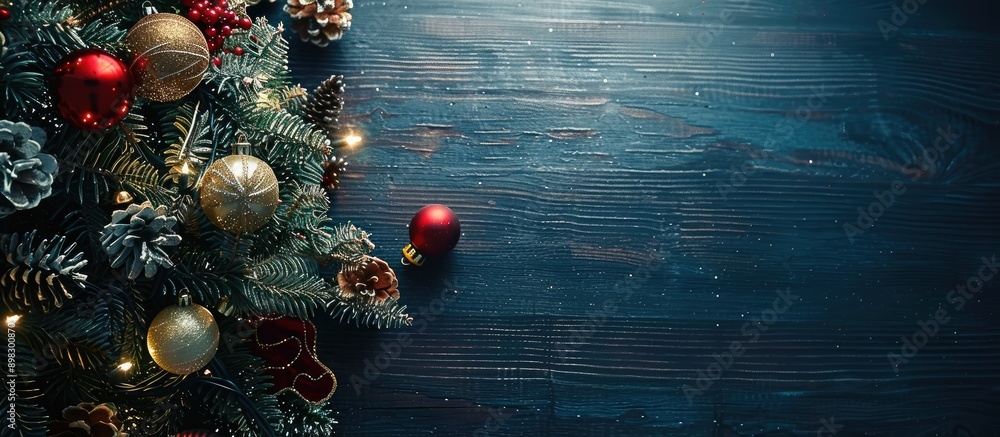 Poster top view of christmas tree decorations and tree on black wooden backdrop creating a festive christma