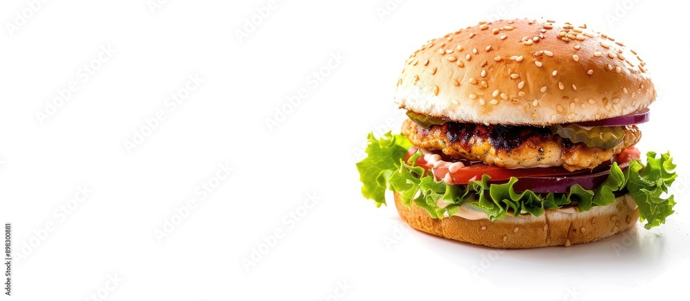 Poster an isolated classic chicken burger against a white background with ample copy space image