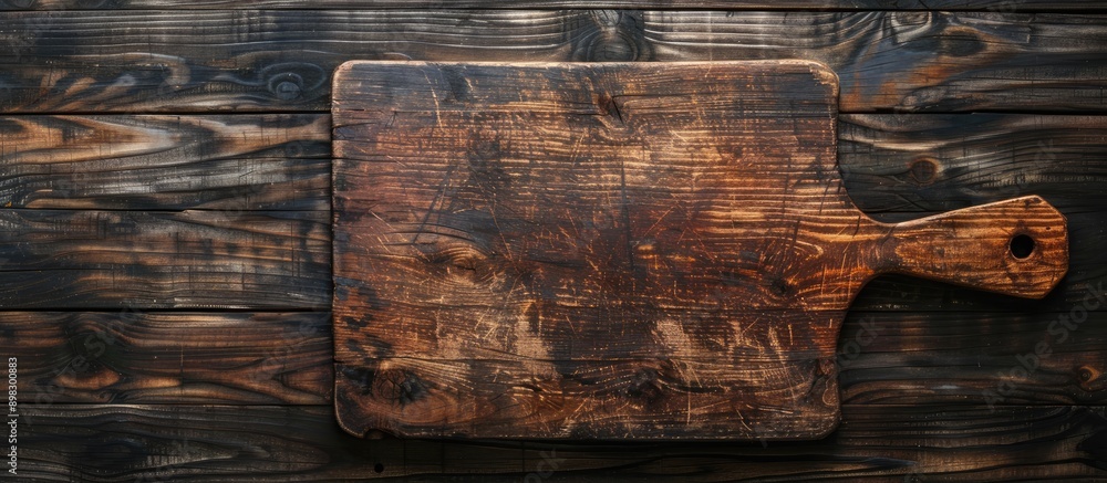 Poster Top down view of an antique cutting board on a dark wooden surface with ample copy space in the image