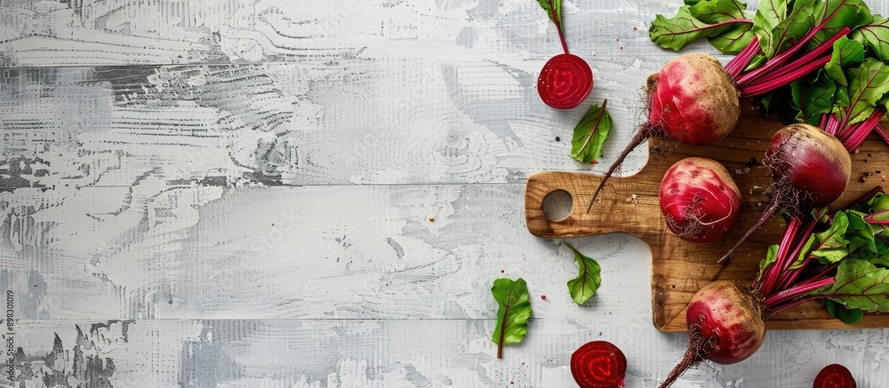 Poster Beetroot on a cutting board against a white wood background with space for text or image. Creative banner. Copyspace image