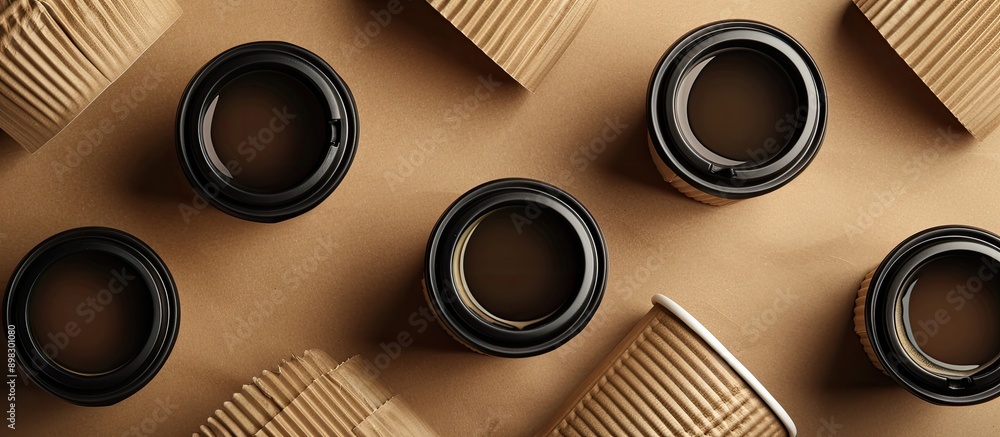 Aufkleber Corrugated coffee cups with caps displayed on a brown background with ample copy space image