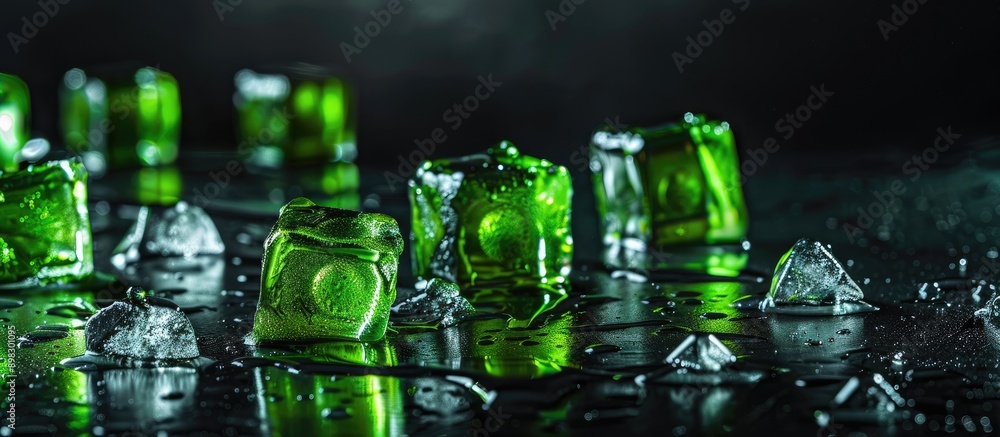 Poster a black table acts as a backdrop for vivid green ice cubes in the copy space image