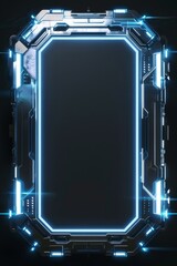 Obraz premium A frame of sleek metal and glowing LED lights, with a high-tech interface. The center is a blank, holographic screen.