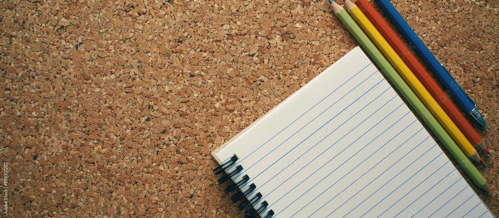 Leinwandbilder Aerial perspective of empty lined notepad and writing materials on a cork table with a retro filter effect perfect for a copy space image