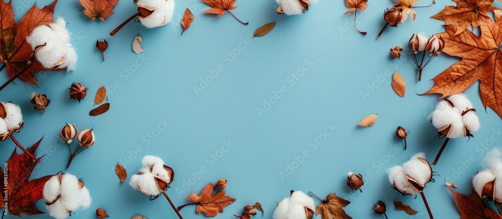 Aufkleber Autumn themed flat lay showcasing a frame of cotton flowers and dried leaves on a light blue background conveying the essence of the fall season with a top view and copy space image