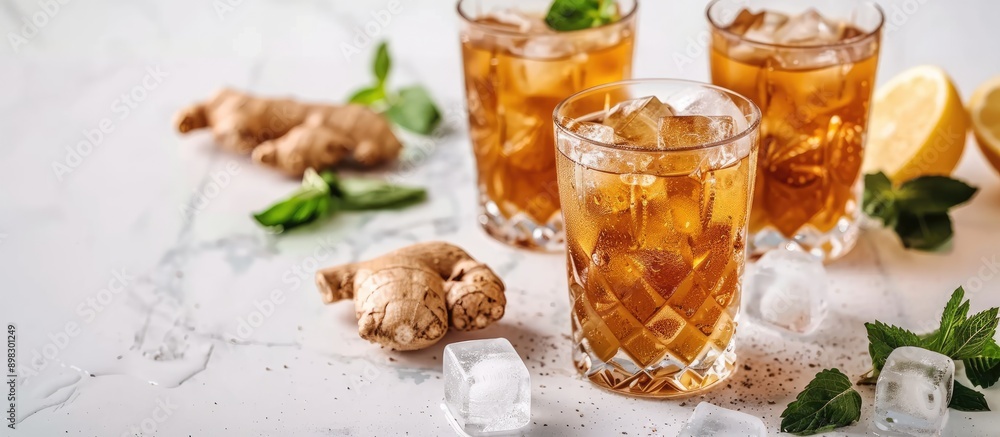 Poster closeup of delicious ginger ale in glasses with ice cubes and ingredients on a white marble table fe