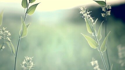 Fototapeta premium Morning green leaves and white flowers on a plant background, creating a natural green wallpaper 