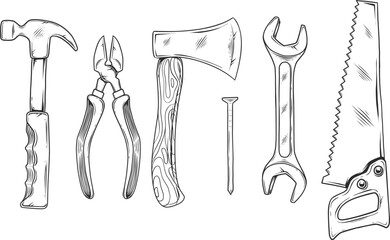 set of hand drawn hand tools for repair vecotr illustration