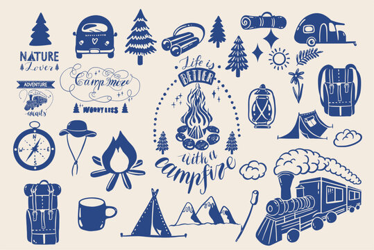 Hand drawn camping elements set. Lettering. Perfect for prints, poster, trip, travel card. Doodle vector illustration.