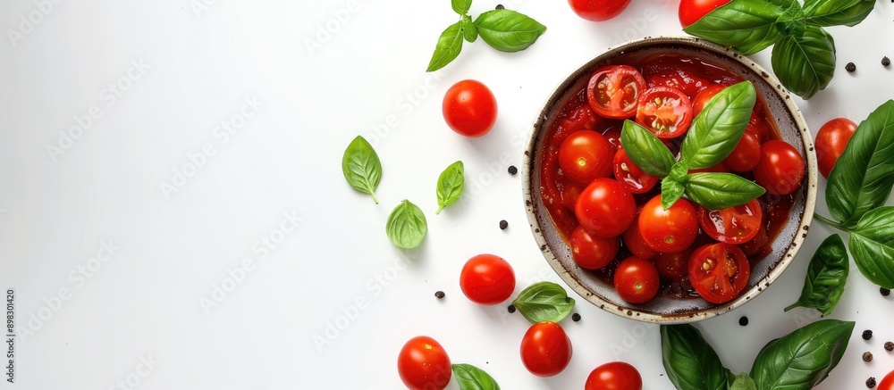 Poster Top view of cherry tomatoes green basil and tomato sauce in a bowl on a white background with copy space image