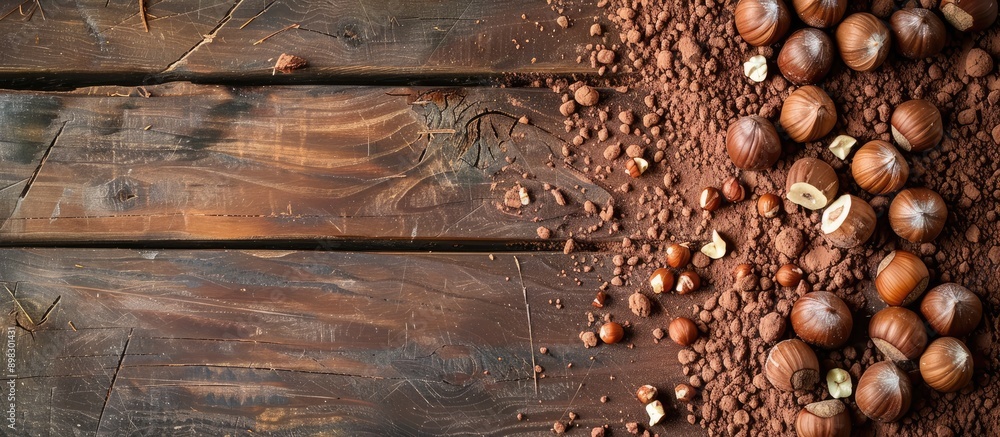Aufkleber delicious milk chocolate topped with cocoa powder and hazelnuts on a wooden backdrop with copy space