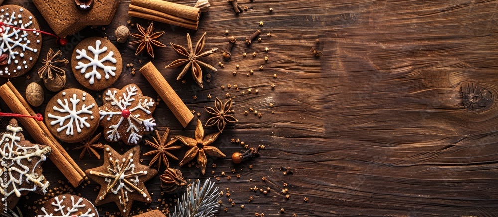 Aufkleber Christmas themed cookies are elegantly arranged with spices on a wooden table creating a cozy and festive scene with copy space image