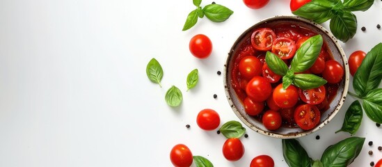 Top view of cherry tomatoes green basil and tomato sauce in a bowl on a white background with copy space image