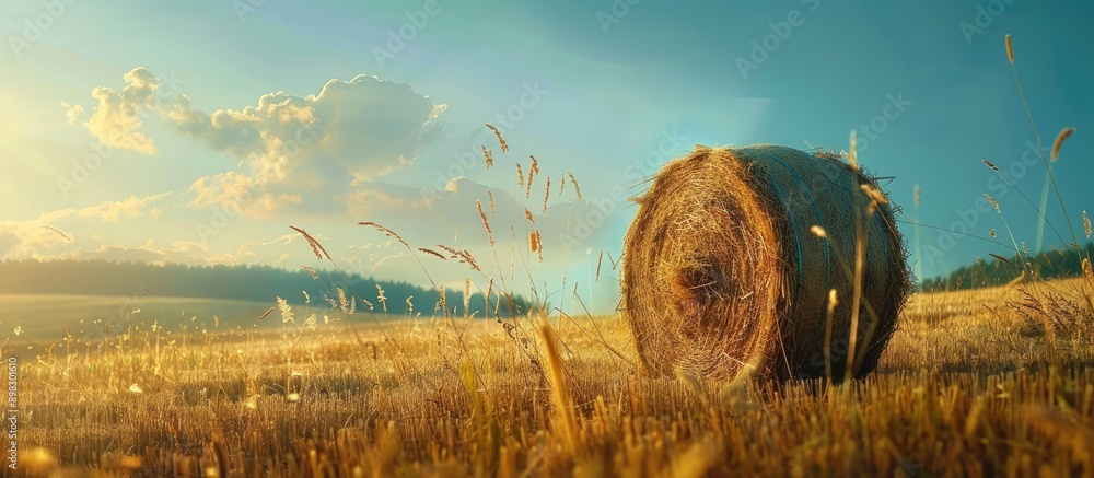 Poster countryside field at noon with a hay bale in daylight includes copy space image
