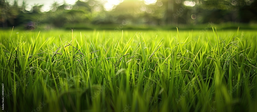 Poster capture a detailed view of a lush green paddy rice field as a backdrop in the copy space image