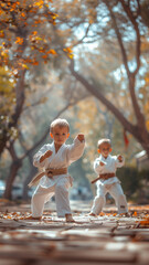 Young Karate Students Practice Their Moves In An Autumnal Park