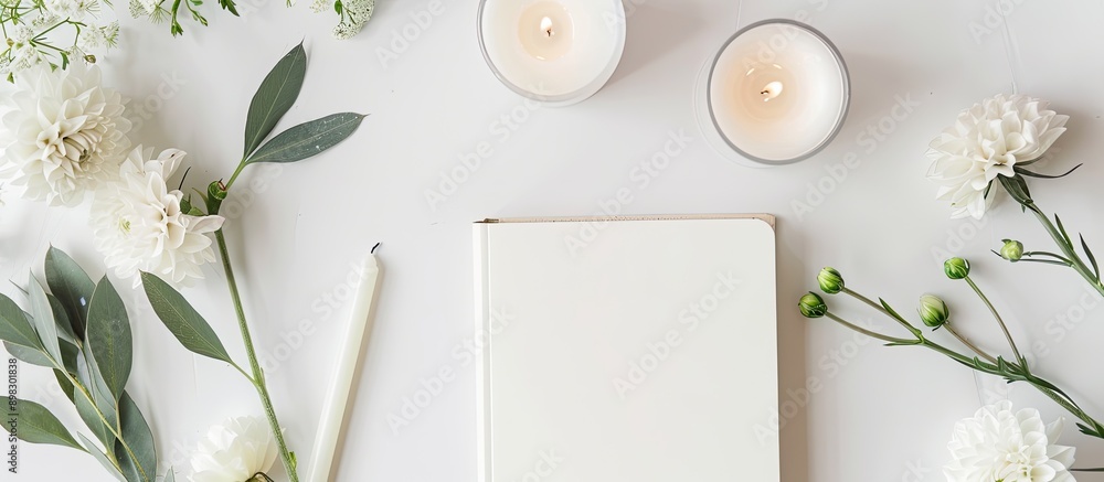 Aufkleber From a top down view a flat lay arrangement showcasing a blank notebook a flower and candles on a white surface provides a visually appealing copy space image