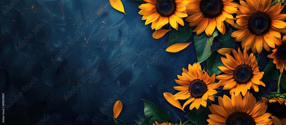 Aufkleber Dark blue background with a frame of sunflowers perfect for adding text or images with copy space image